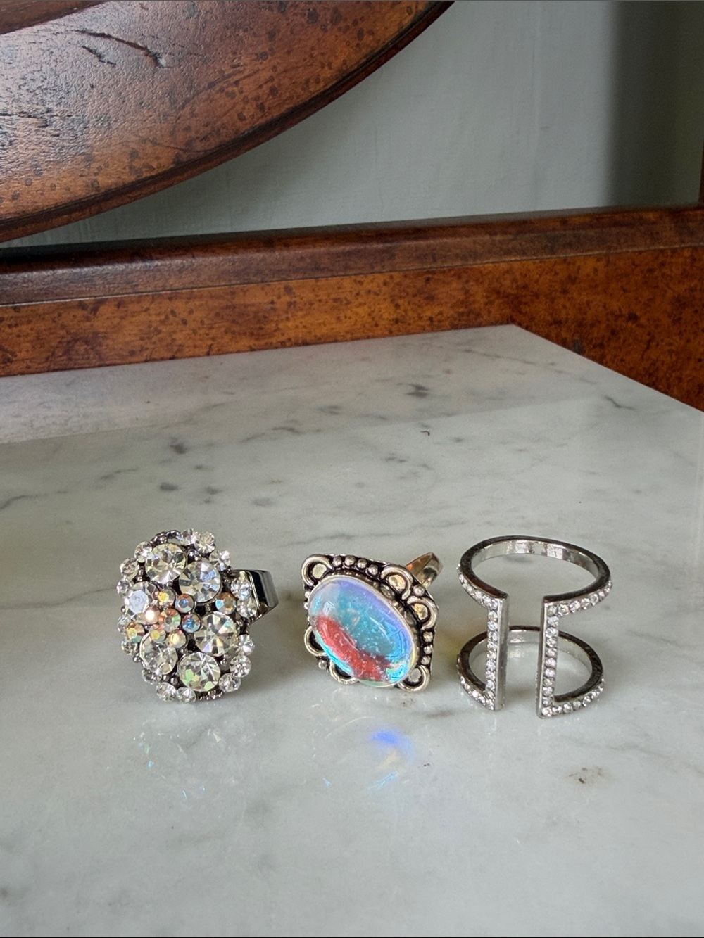 Lot of Three Cocktail Rings Silver Statement with Rhinestones Iridescent Gem